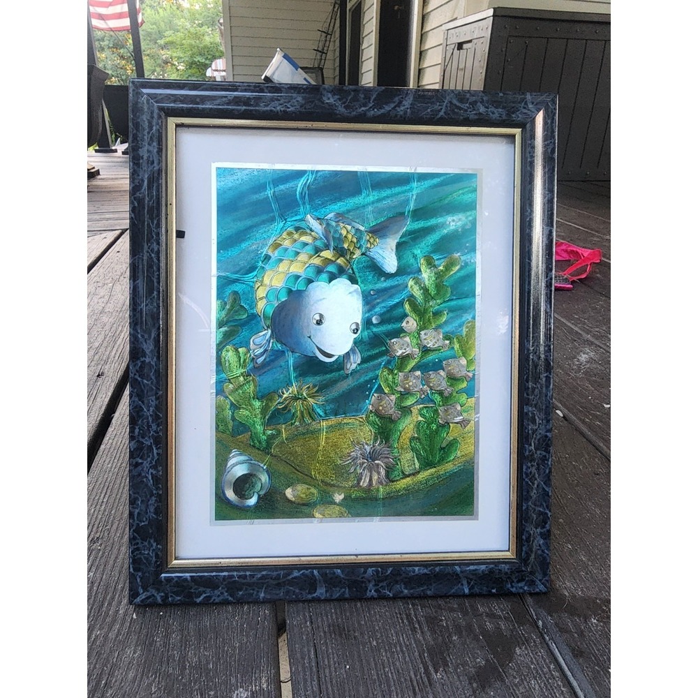 Vintage The Rainbow Fish Marcus Pfister Foiled Original Artwork, 8x10 Framed HTF